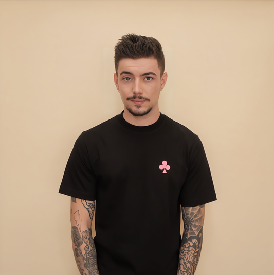 T-shirt Noir Trèfle Rose Brodé