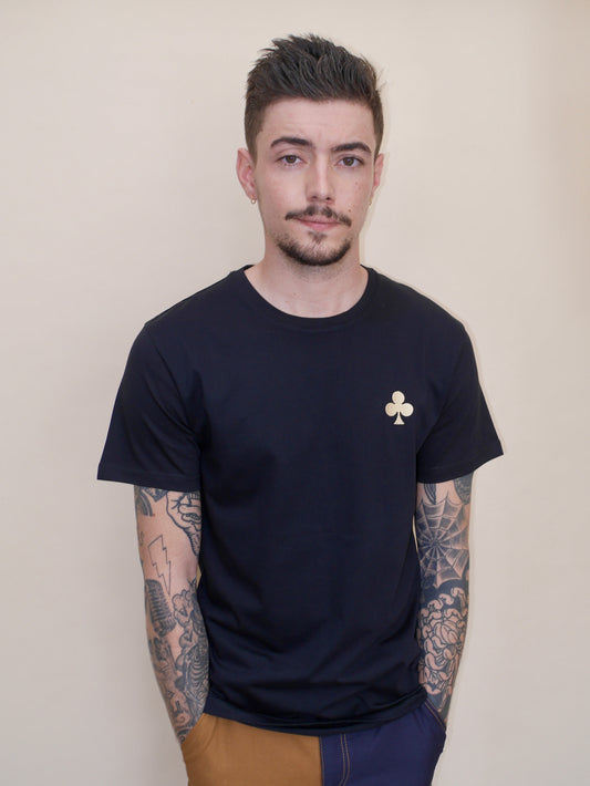 T-shirt noir bio broderie trèfle ocre doré monsieurbarr