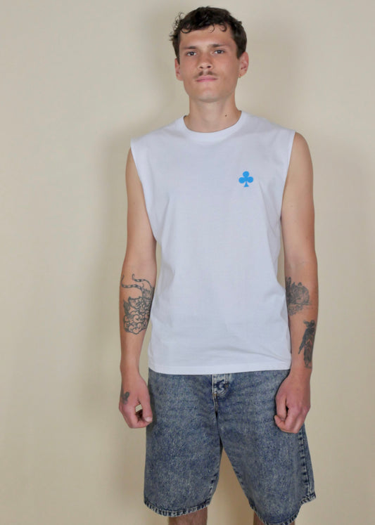 monsieur barr t-shirt blanc sans manches trèfle brodé turquoise