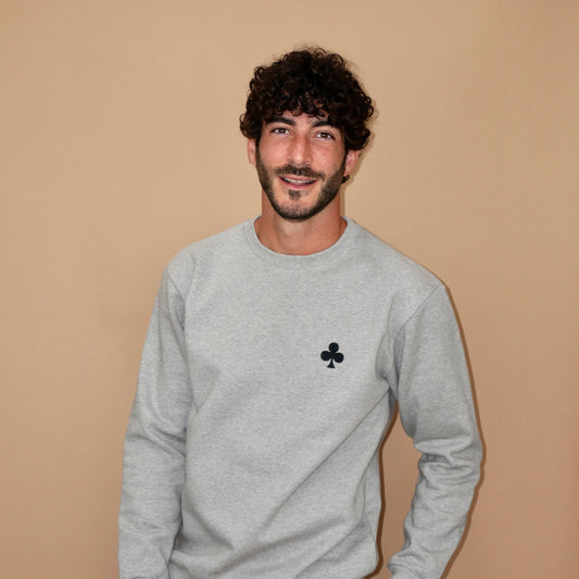 monsieurbarr sweatshirt col rond gris chiné trèfle brodé noir