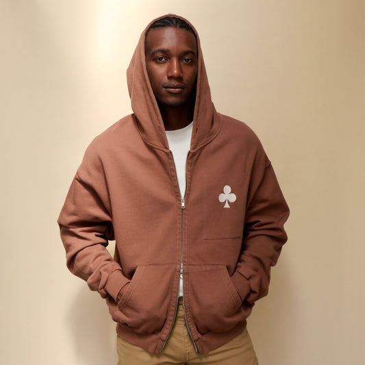 monsieurbarr hoodie full zip marron grand trèfle brodé beige