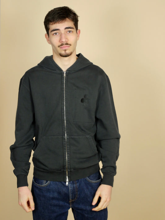 sweat a capuche zippé noir vintage grand trèfle brodé ton sur ton fabriqué au Portugal