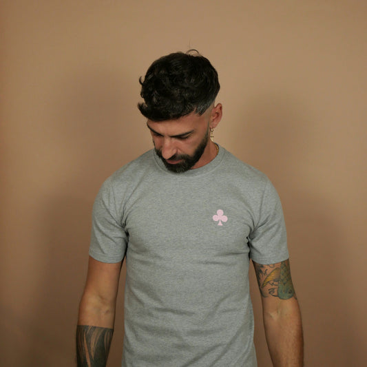 monsieurbarr t-shirt gris chiné trèfle brodé rose pâle