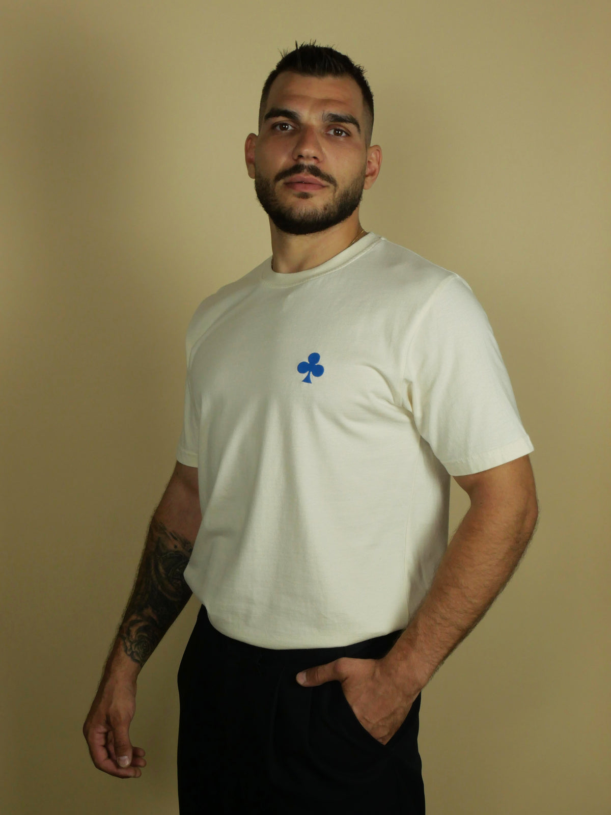 T-shirt Coton Naturel Trèfle Brodé Bleu