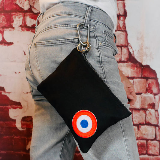 pochette mousqueton noir en coton drapeau aviation bleu blanc rouge à accrocher au pantalon