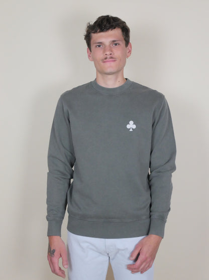 Sweatshirt kaki délavé en coton biologique épais 470 GSM trèfle brodé beige 