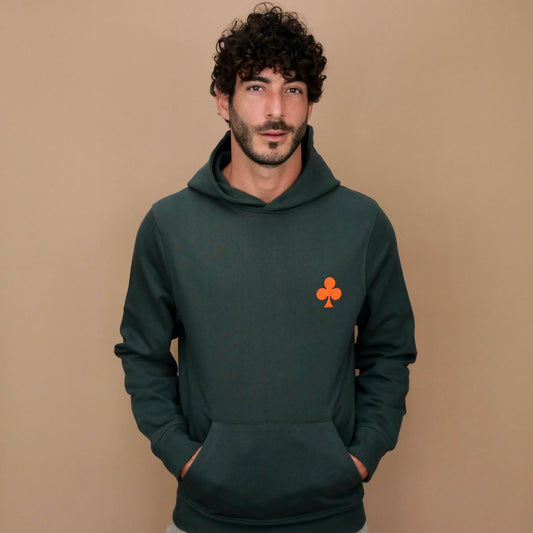 monsieurbarr sweat à capuche vert sapin trèfle brodé orange