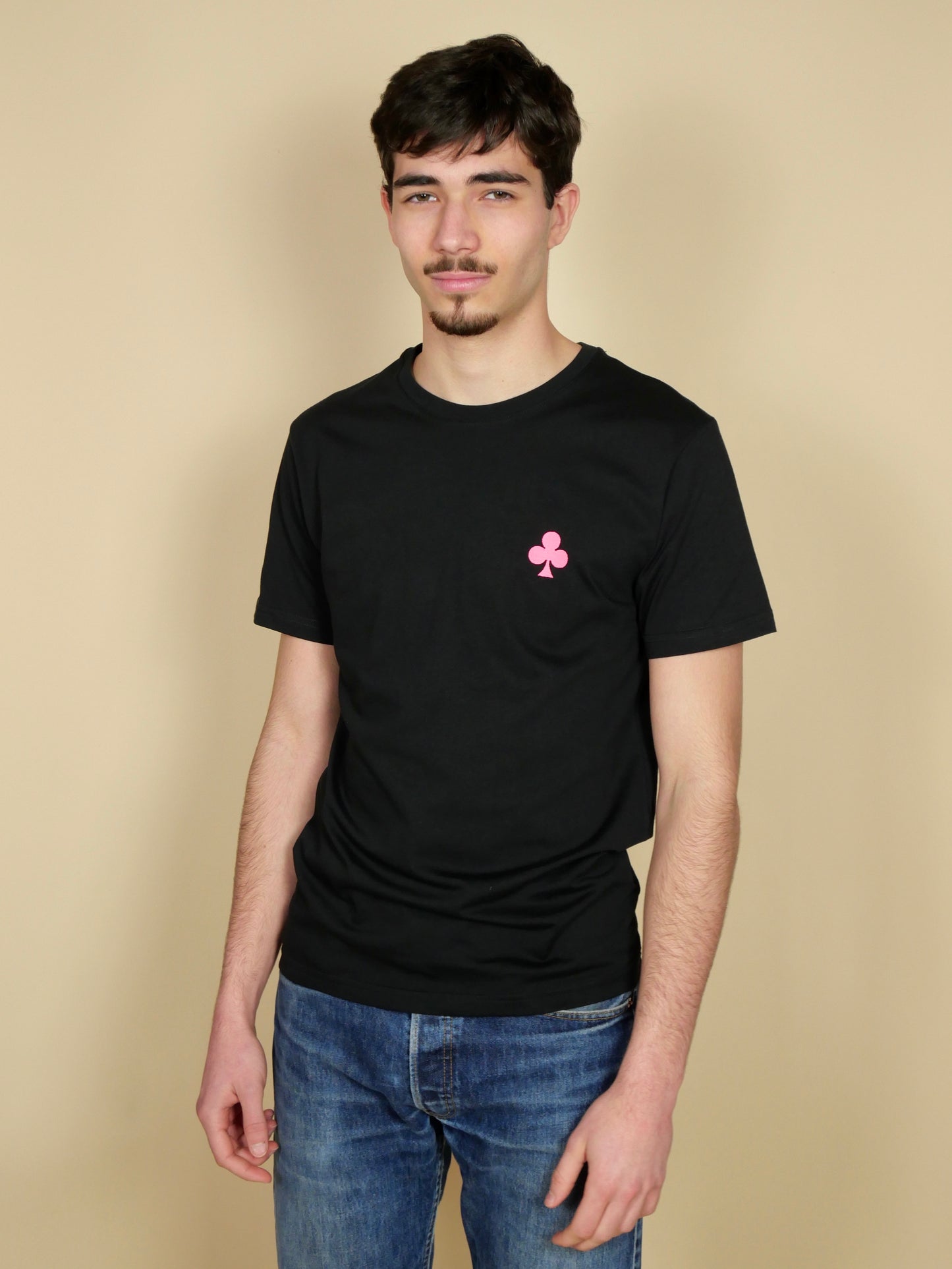T-shirt Noir Été Trèfle Brodé Rose