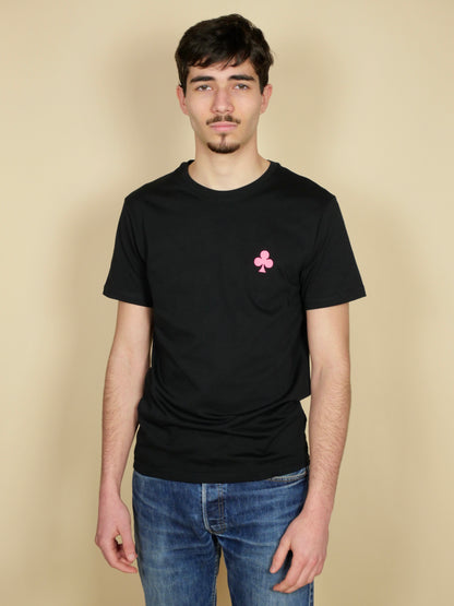 T-shirt Noir Été Trèfle Brodé Rose