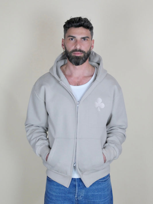 Sweat à capuche zippé premium monsieurbarr, tissu épais intérieur brossé, silhouette ample et trèfle iconique grand format
