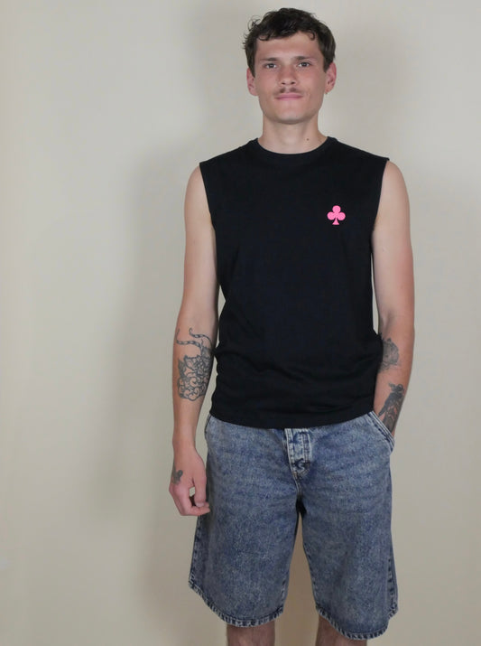 monsieur barr t-shirt noir sans manches broderie trèfle rose 