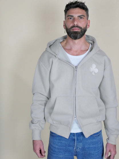 Sweat à capuche zippé heavyweight monsieurbarr, volume boxy, intérieur brossé et grand trèfle blanc brodé, finition premium