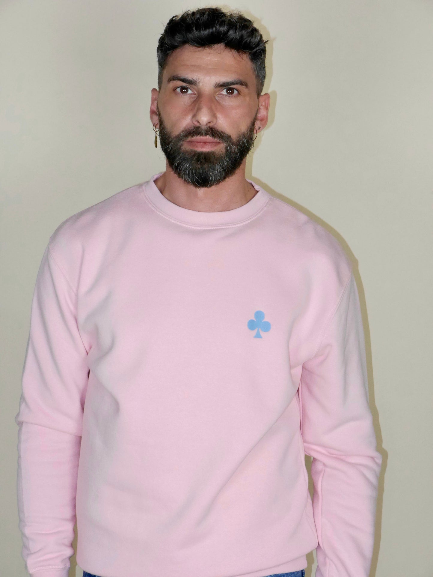 Sweat rose col rond en coton avec trèfle bleu ciel, coupe confortable