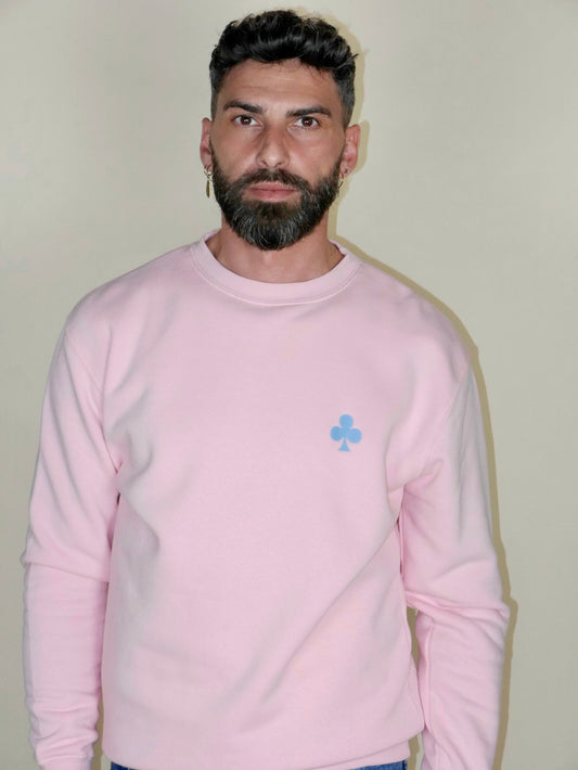 Sweat rose col rond en coton avec trèfle bleu ciel, coupe confortable