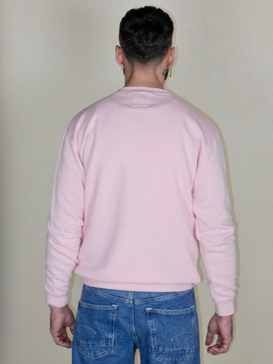 Sweat rose premium unisexe, finitions en bord-côte et trèfle brodé bleu