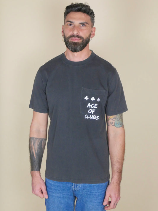 monsieurbarr T-shirt manches courtes noir vintage avec poche poitrine et motif Ace of Clubs discret