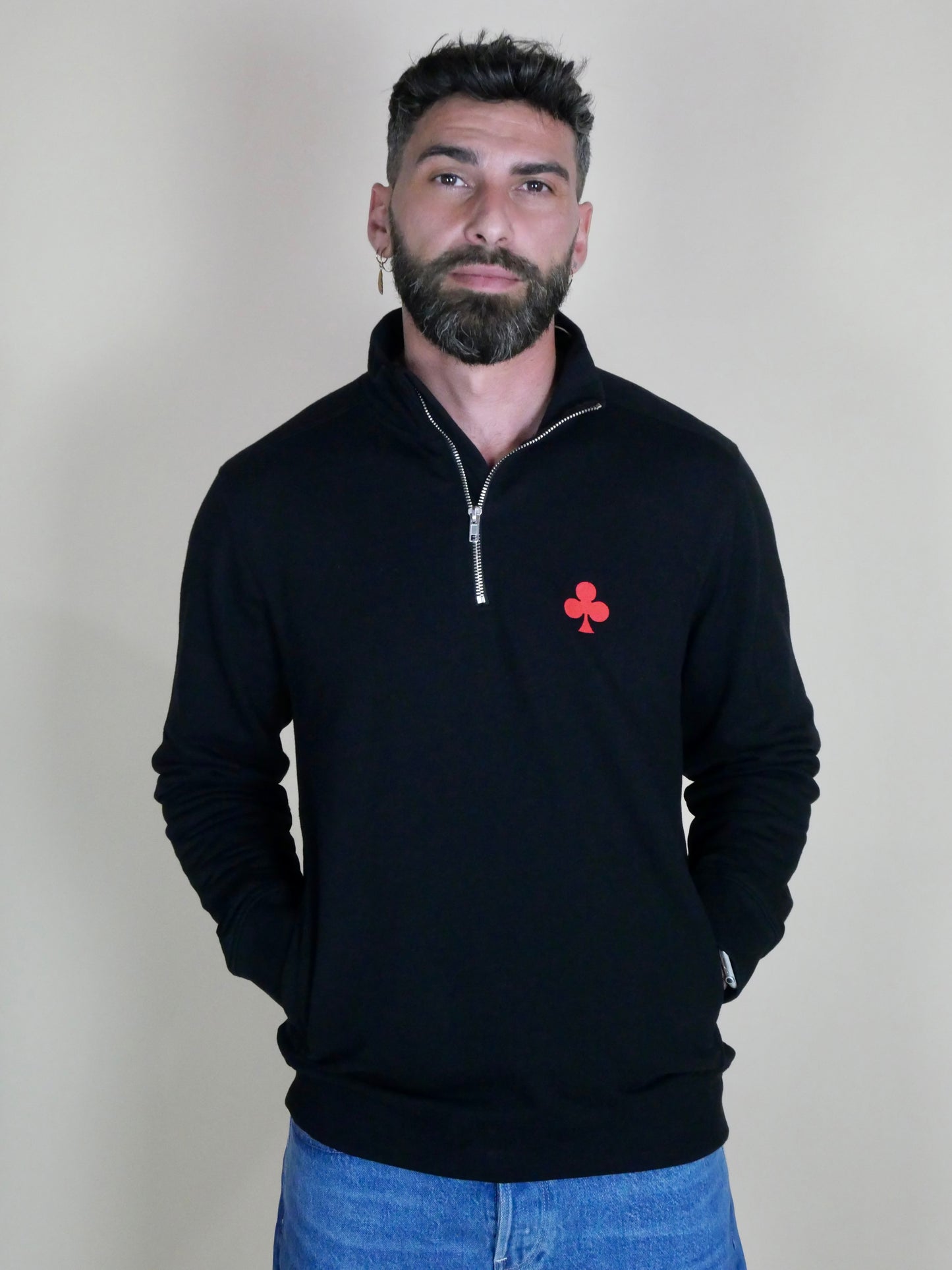 monsieurbarr quarter zip noir Trèfle brodé rouge 