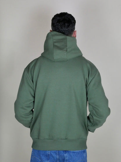 Hoodie kaki épais premium, capuche trois pans, poche kangourou et grand trèfle kaki brodé