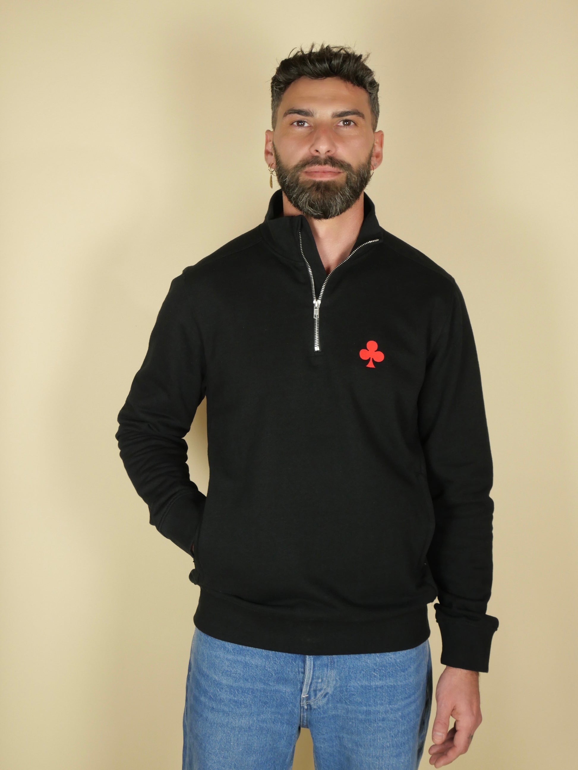 monsieurbarr quarter zip noir Trèfle brodé rouge 