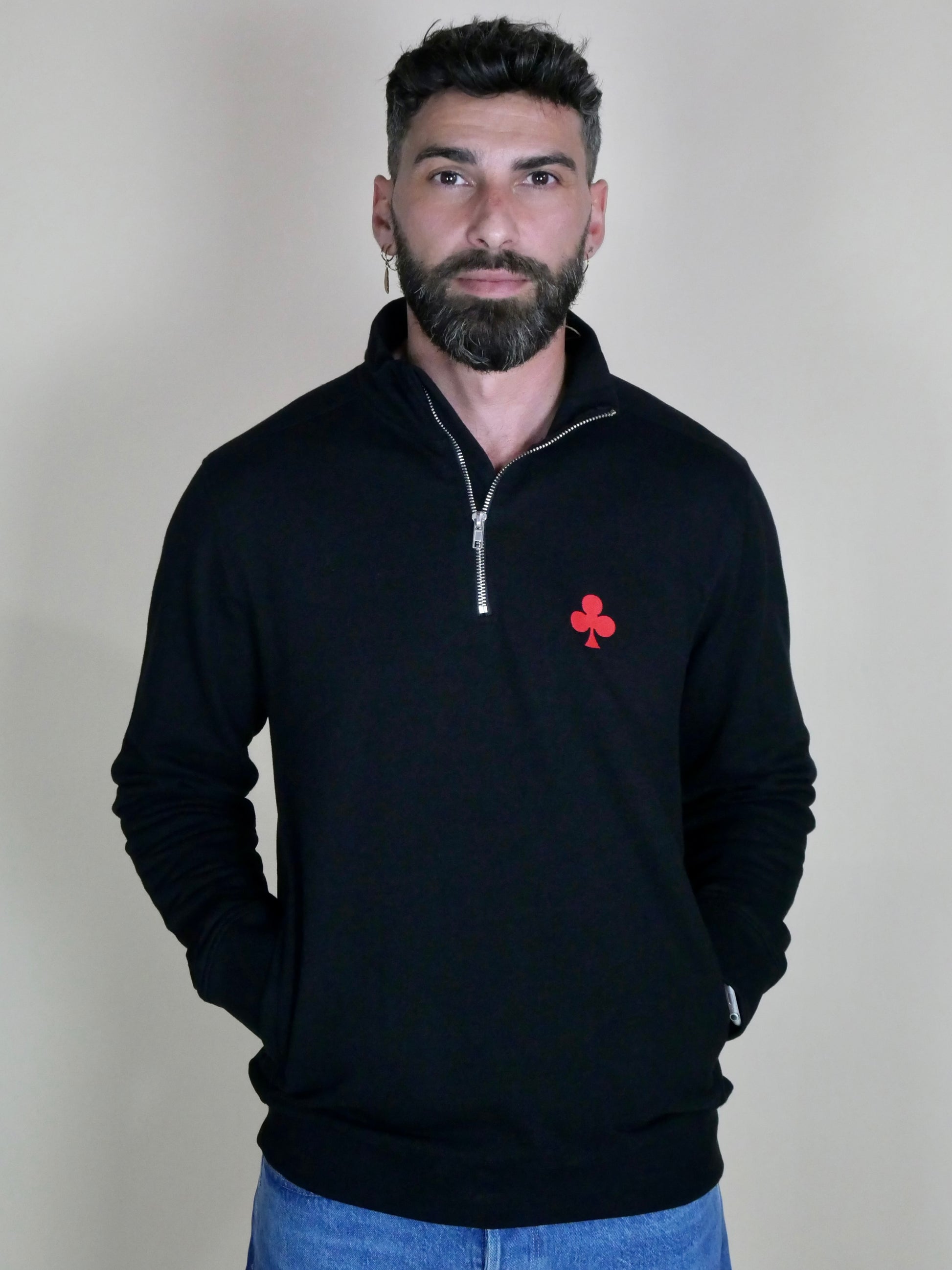 monsieurbarr quarter zip noir Trèfle brodé rouge mat