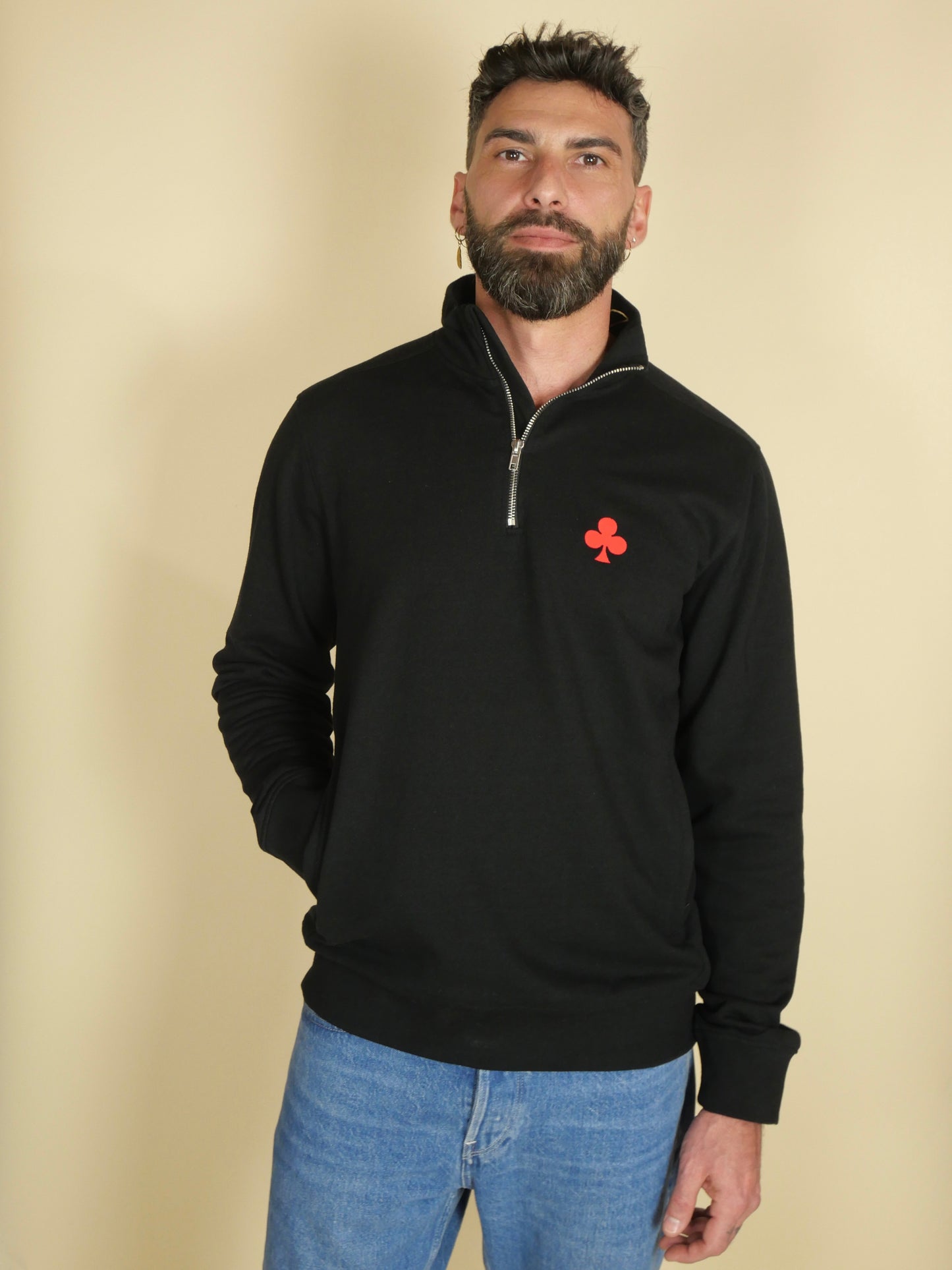 monsieurbarr quarter zip noir Trèfle brodé rouge 