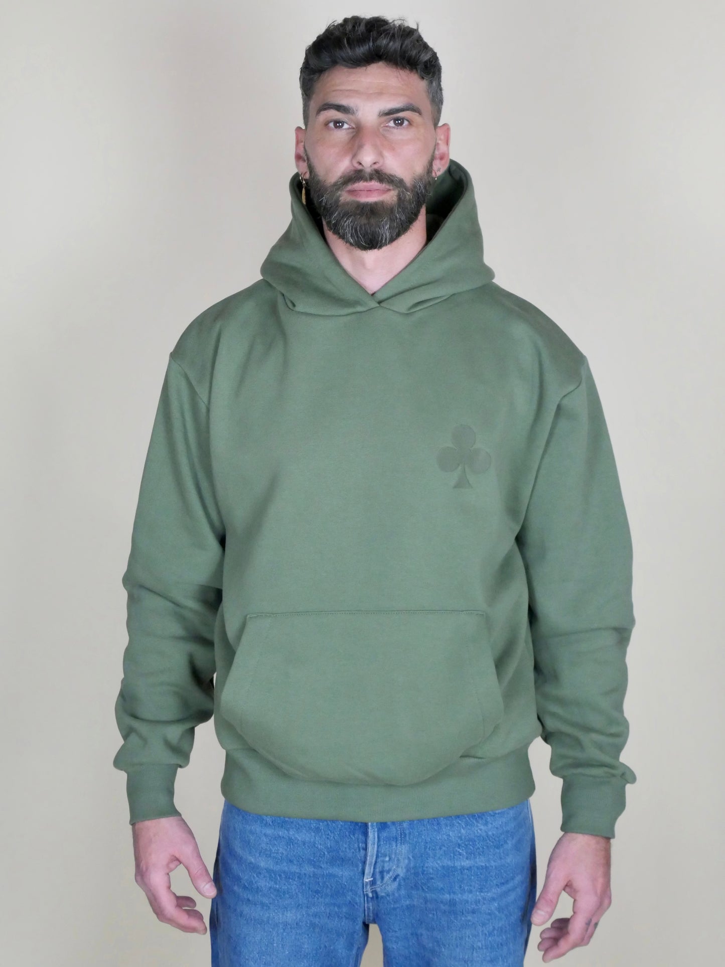 monsieurbarr sweat à capuche kaki oversize, molleton lourd 440 g/m², coupe ample et grand trèfle signature kaki