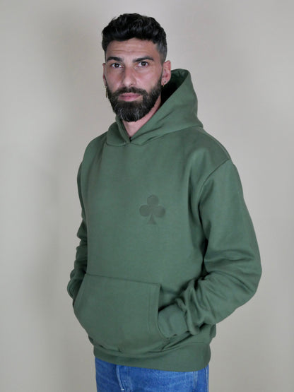 sweat à capuche oversize kaki unisexe, coton de qualité supérieure, intérieur brossé et grand trèfle iconique