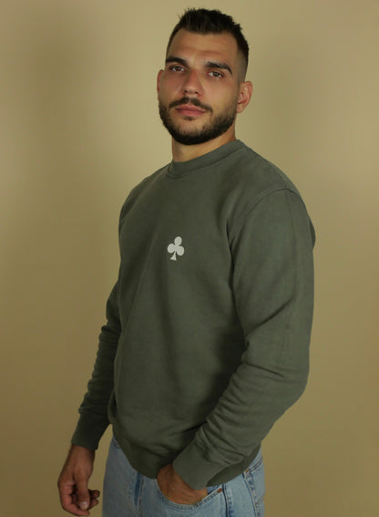 Sweatshirt Kaki Vintage Trèfle Brodé Beige