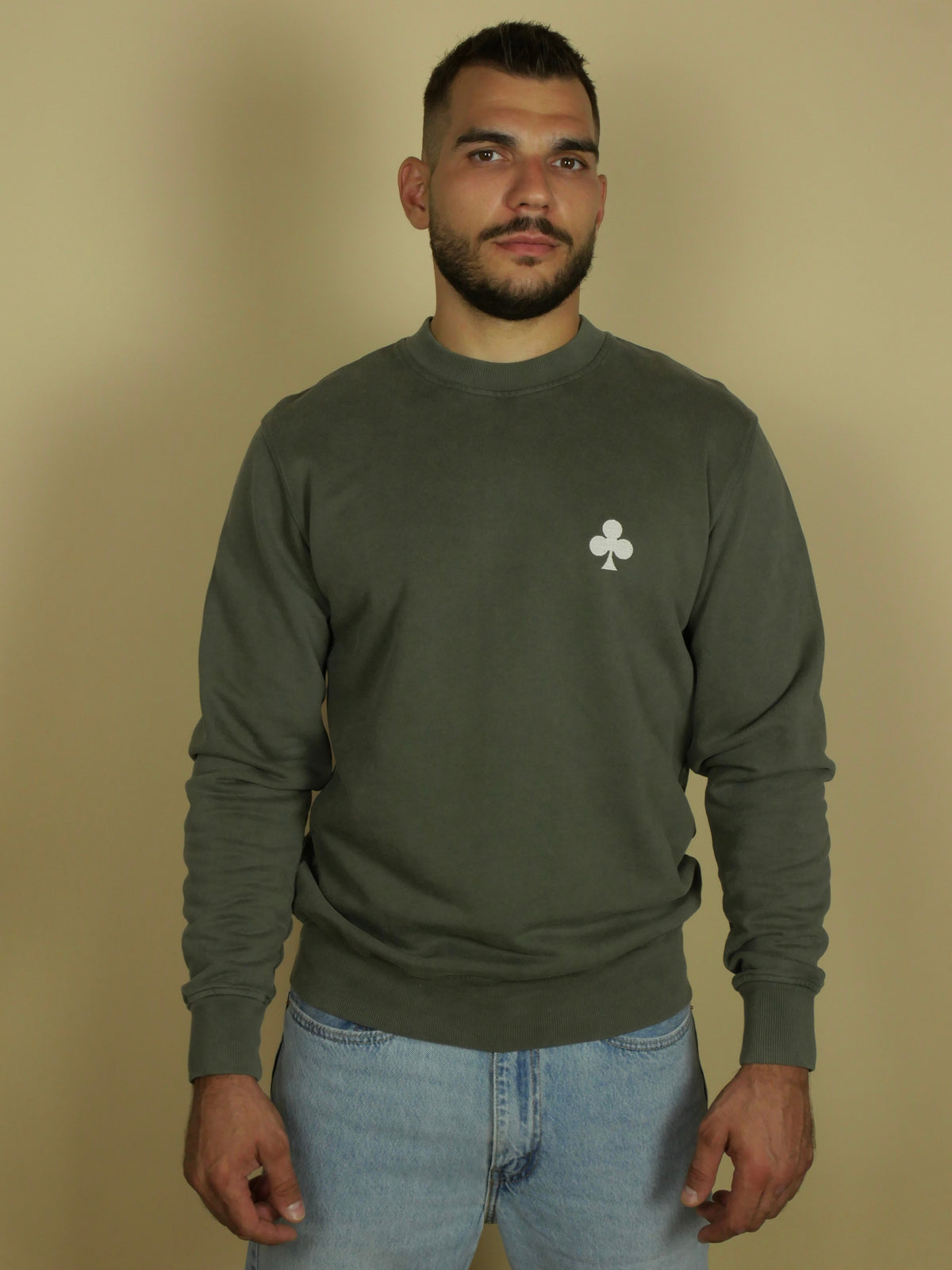 Sweatshirt Kaki Vintage Trèfle Brodé Beige