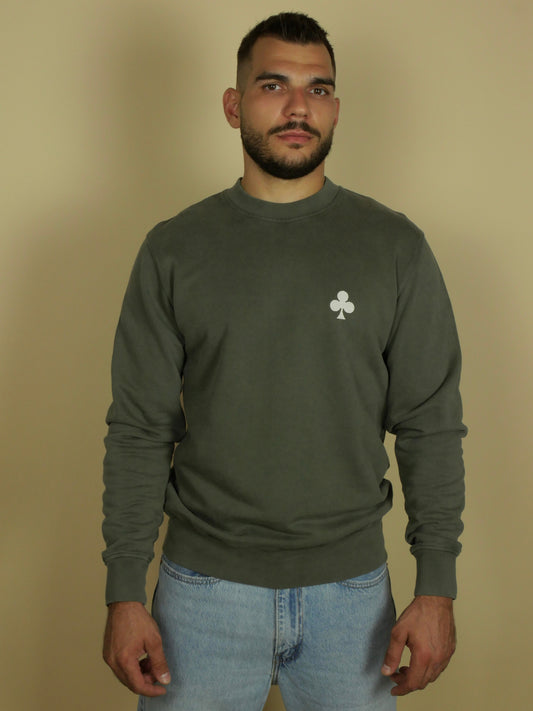 Sweatshirt Kaki Vintage Trèfle Brodé Beige