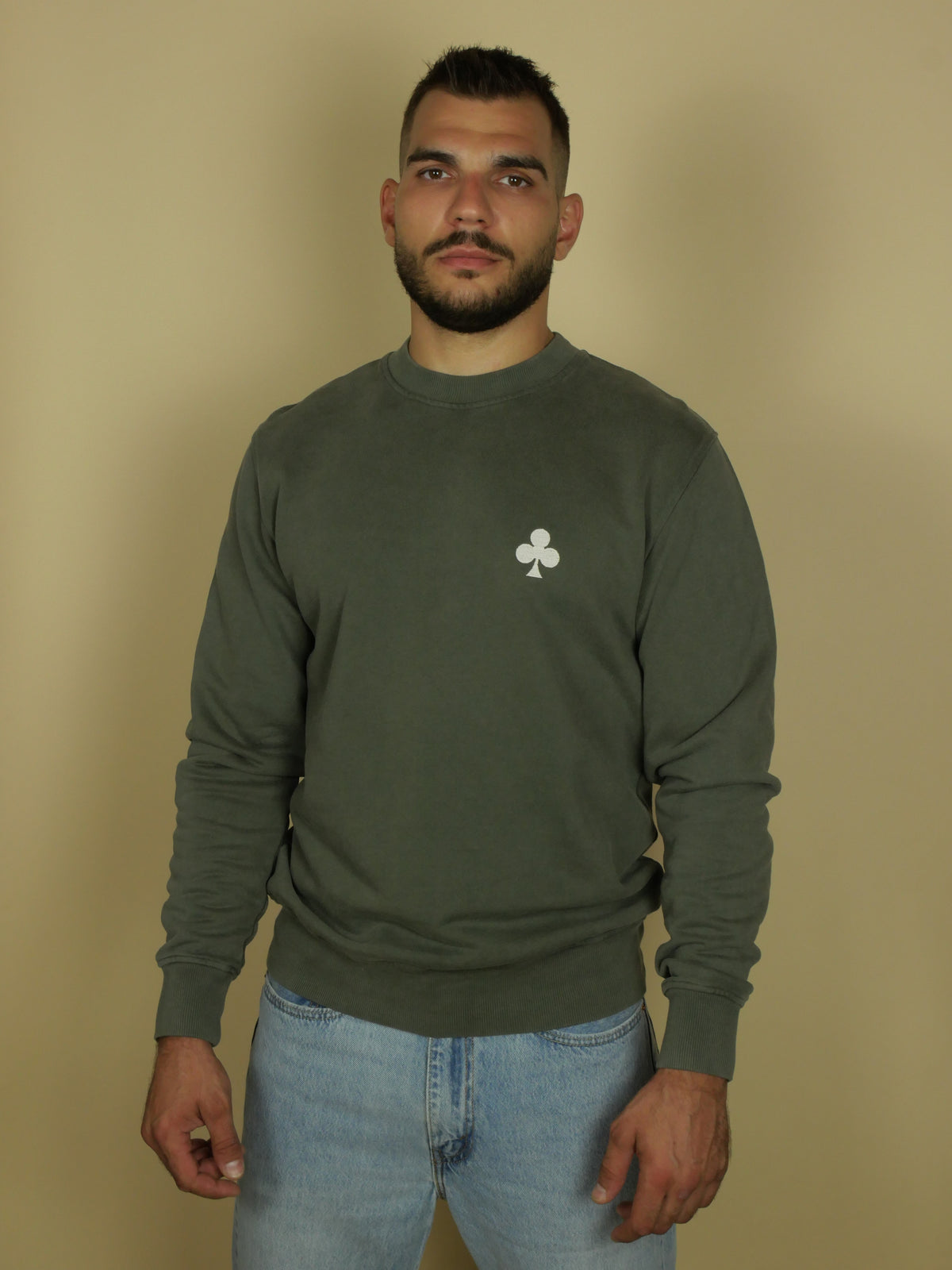 Sweatshirt Kaki Vintage Trèfle Brodé Beige