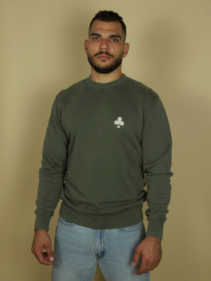 Sweatshirt Kaki Vintage Trèfle Brodé Beige