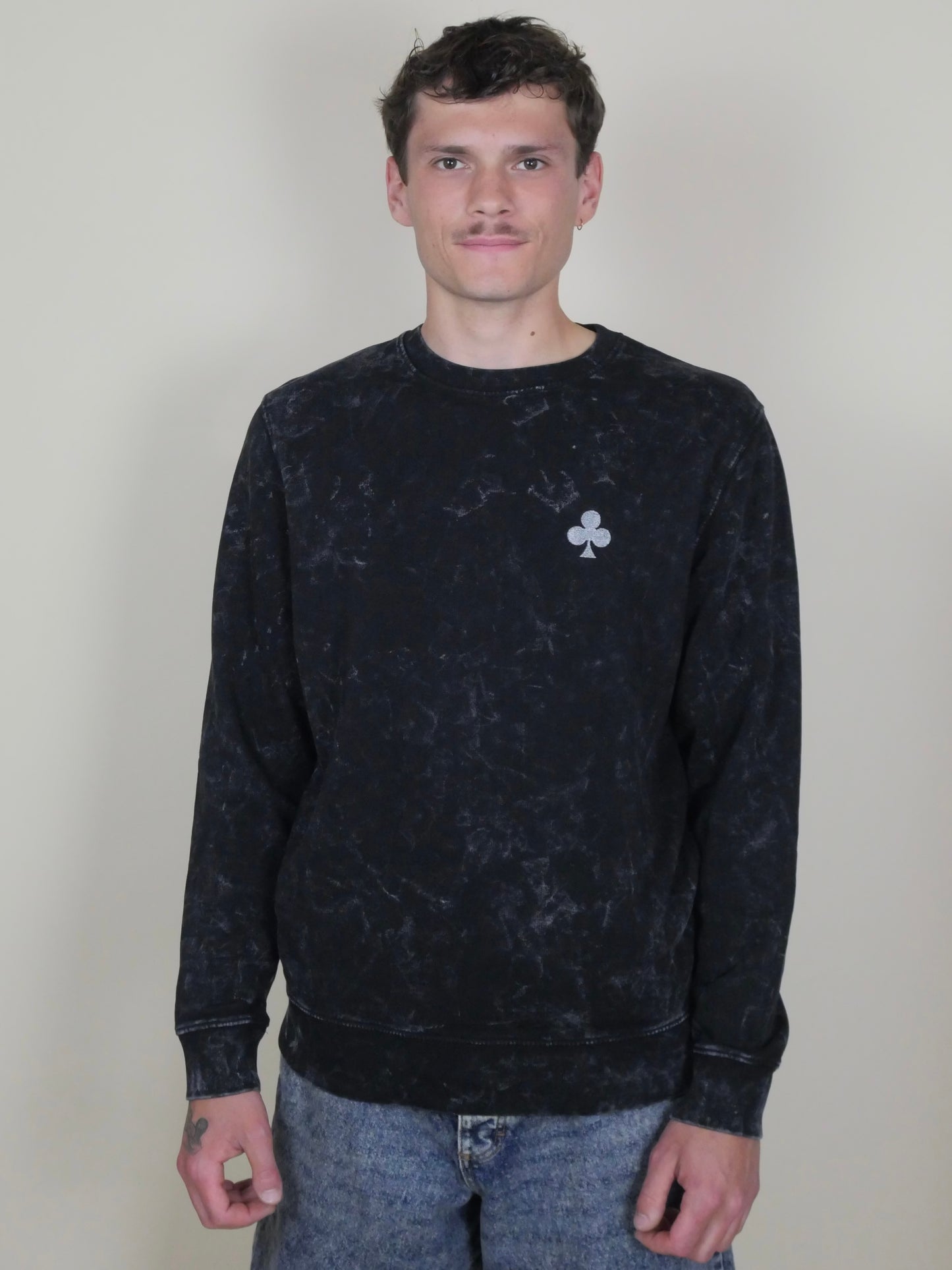 Sweatshirt  Noir Marbré Trèfle Brodé Argent