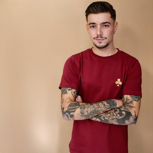 monsieurbarr T-shirt bordeaux bio fabriqué au Portugal Trèfle brodé doré