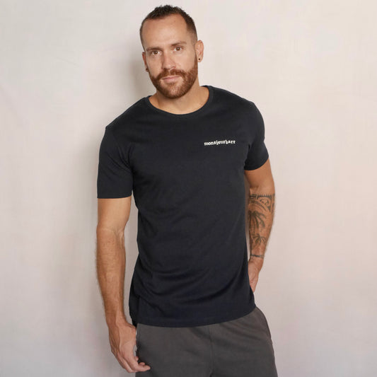 monsieurbarr t-shirt bio navy bleu marine qualité supérieure avec logo monsieurbarr phosphorescent 