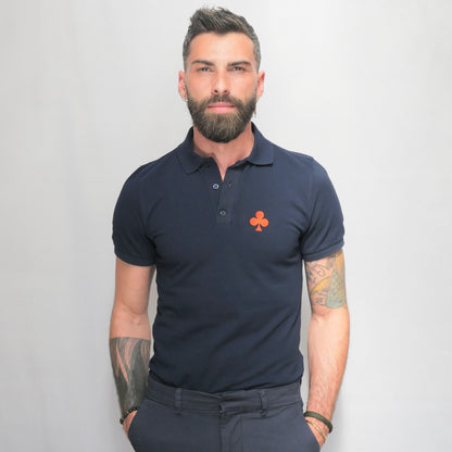 polo bio monsieurbarr fabriqué au Portugal couleur bleu marin, trèfle brodé rouge