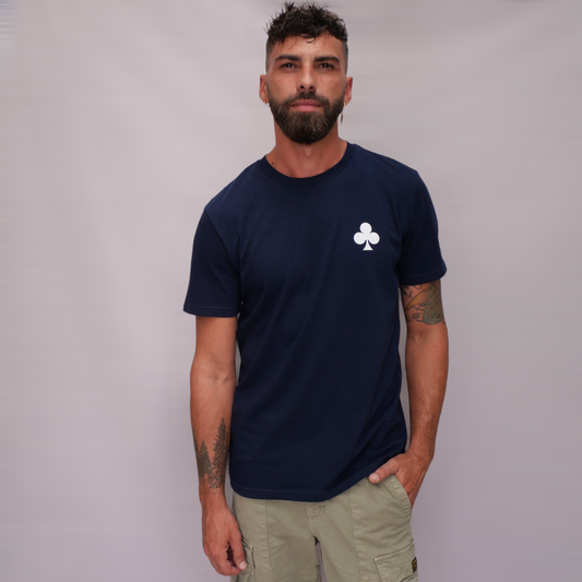 monsieurbarr t-shirt bleu marine bio logo trefle blanc