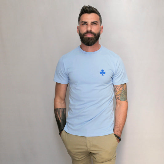 monsieurbarr t-shirt bio bleu vintage broderie trèfle bleu mat
